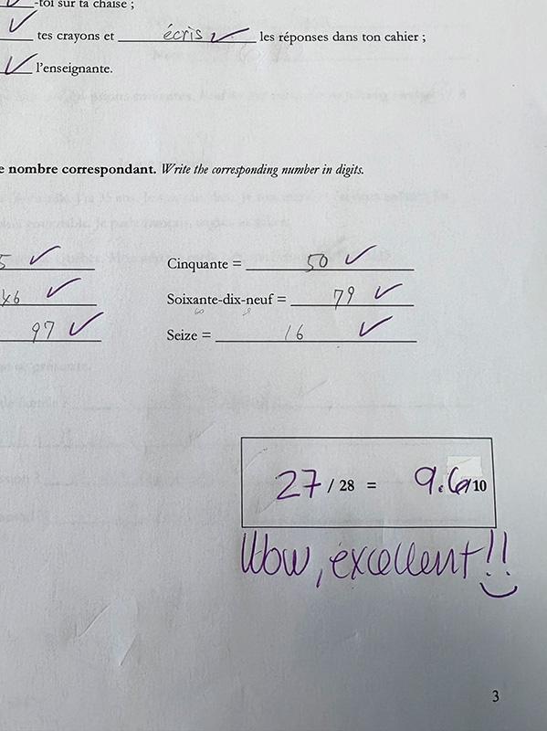 良い点数が取れたフランス語のテスト